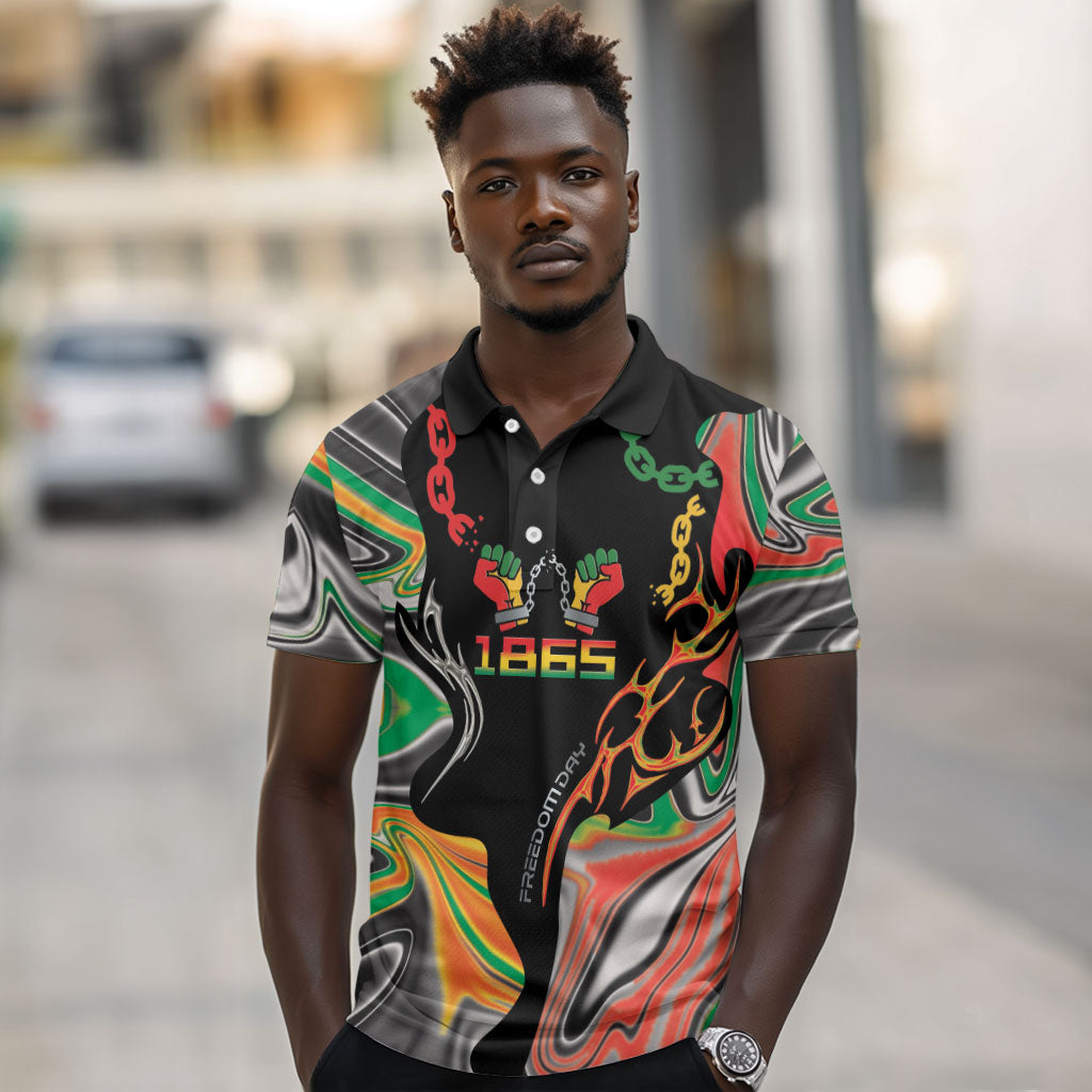African Juneteenth Freedom Day 1865 Polo Shirt Colors Liquid Marble With Broken Chains