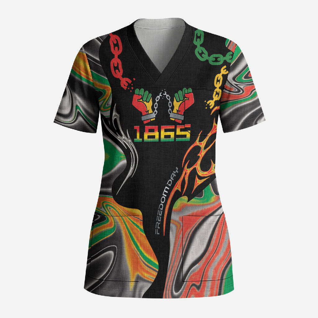 African Juneteenth Freedom Day 1865 Scrub Top Colors Liquid Marble With Broken Chains