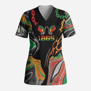 African Juneteenth Freedom Day 1865 Scrub Top Colors Liquid Marble With Broken Chains
