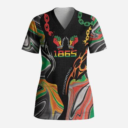 African Juneteenth Freedom Day 1865 Scrub Top Colors Liquid Marble With Broken Chains