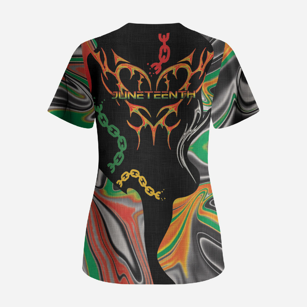 African Juneteenth Freedom Day 1865 Scrub Top Colors Liquid Marble With Broken Chains