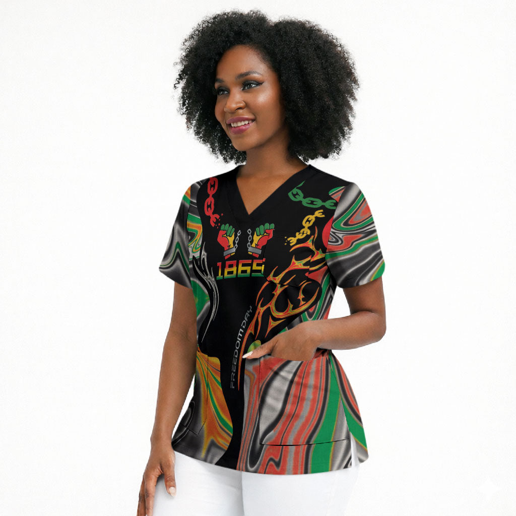 African Juneteenth Freedom Day 1865 Scrub Top Colors Liquid Marble With Broken Chains
