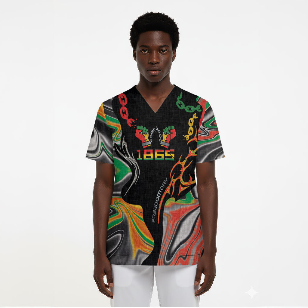 African Juneteenth Freedom Day 1865 Scrub Top Colors Liquid Marble With Broken Chains