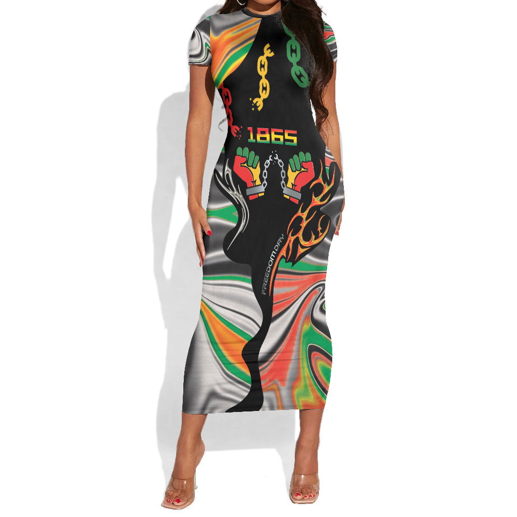 African Juneteenth Freedom Day 1865 Short Sleeve Bodycon Dress Colors Liquid Marble With Broken Chains