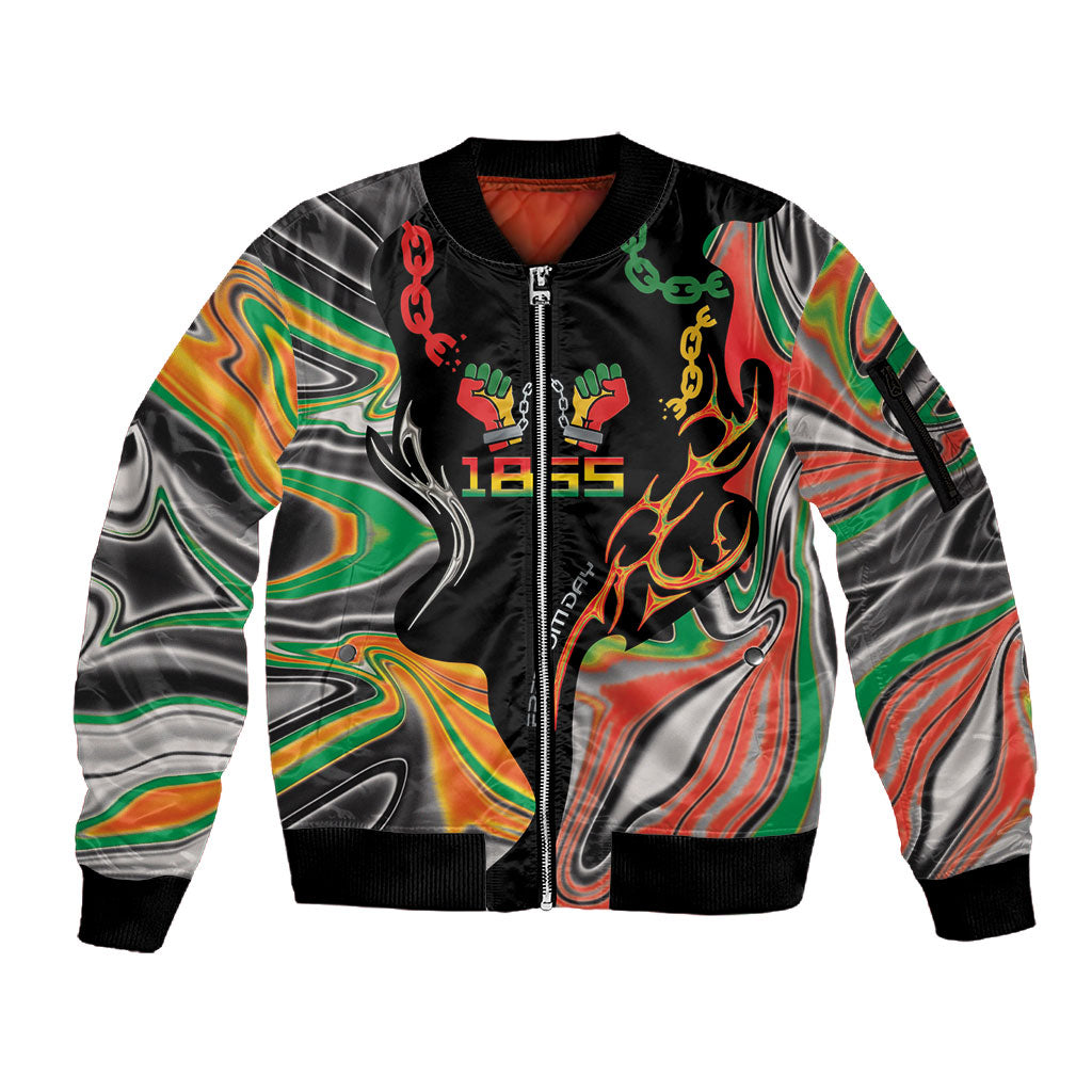 African Juneteenth Freedom Day 1865 Sleeve Zip Bomber Jacket Colors Liquid Marble With Broken Chains