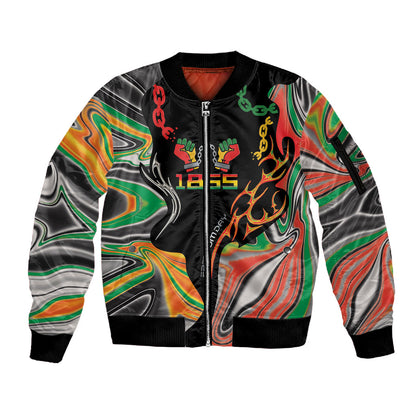 African Juneteenth Freedom Day 1865 Sleeve Zip Bomber Jacket Colors Liquid Marble With Broken Chains