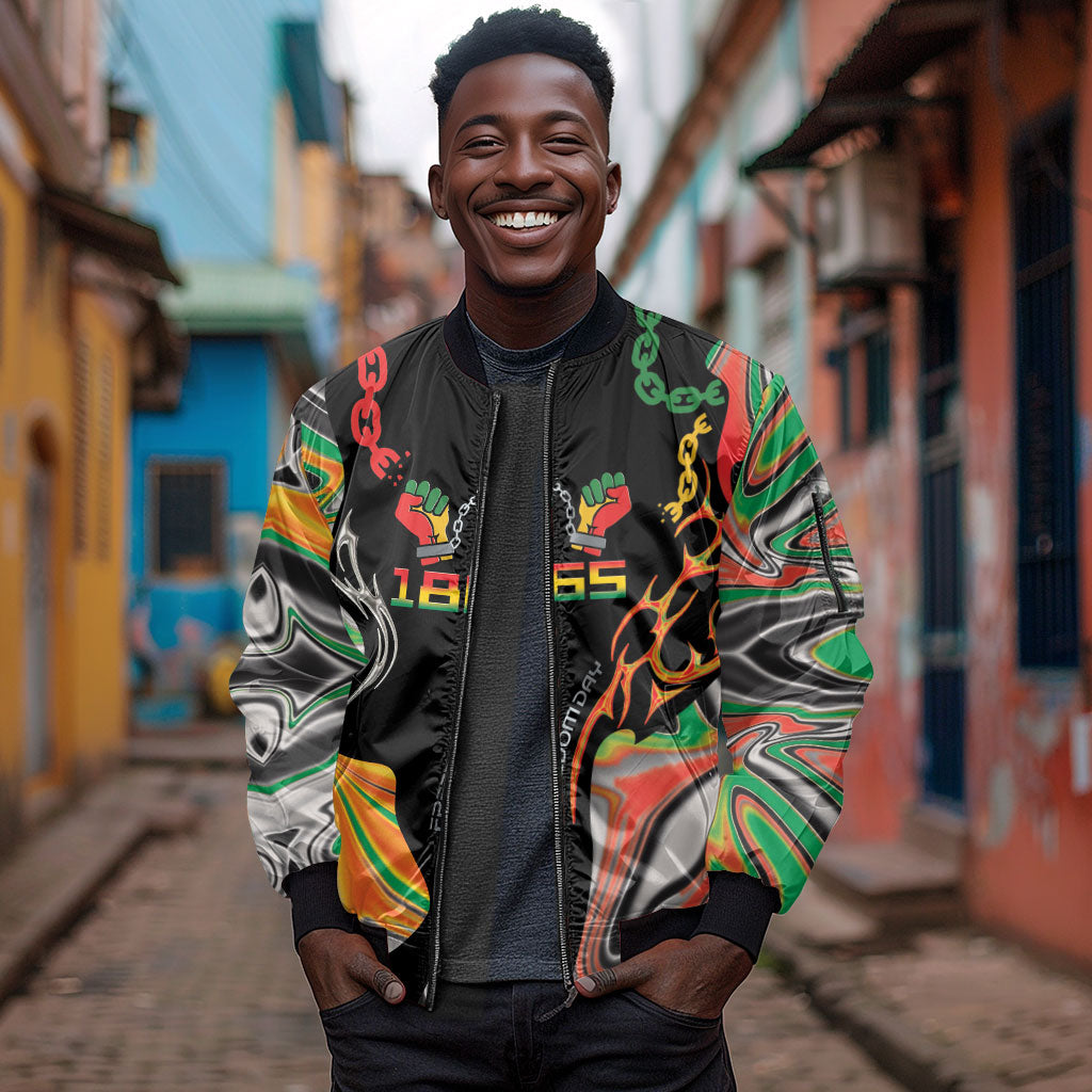 African Juneteenth Freedom Day 1865 Sleeve Zip Bomber Jacket Colors Liquid Marble With Broken Chains