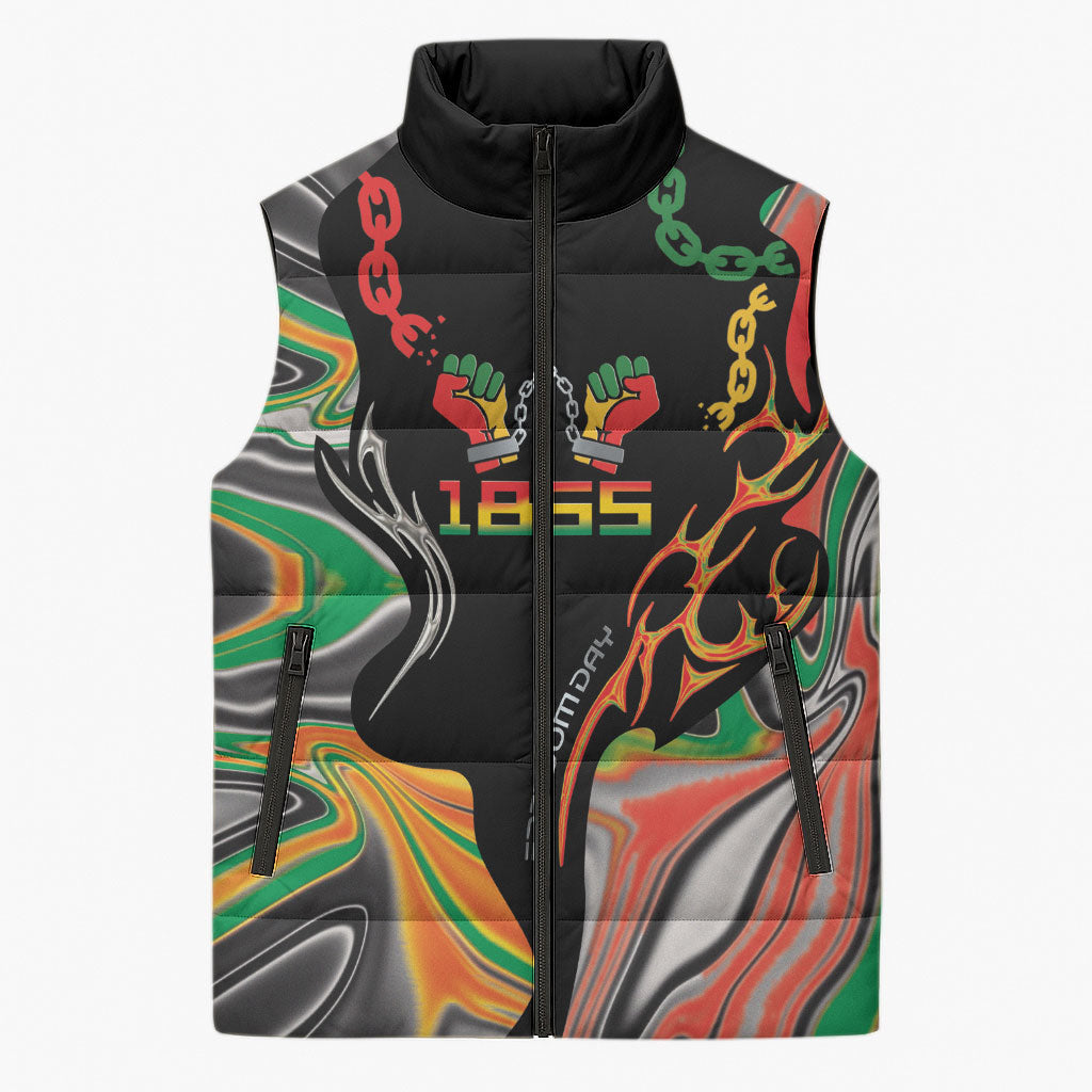 African Juneteenth Freedom Day 1865 Sleeveless Puffer Jacket Colors Liquid Marble With Broken Chains