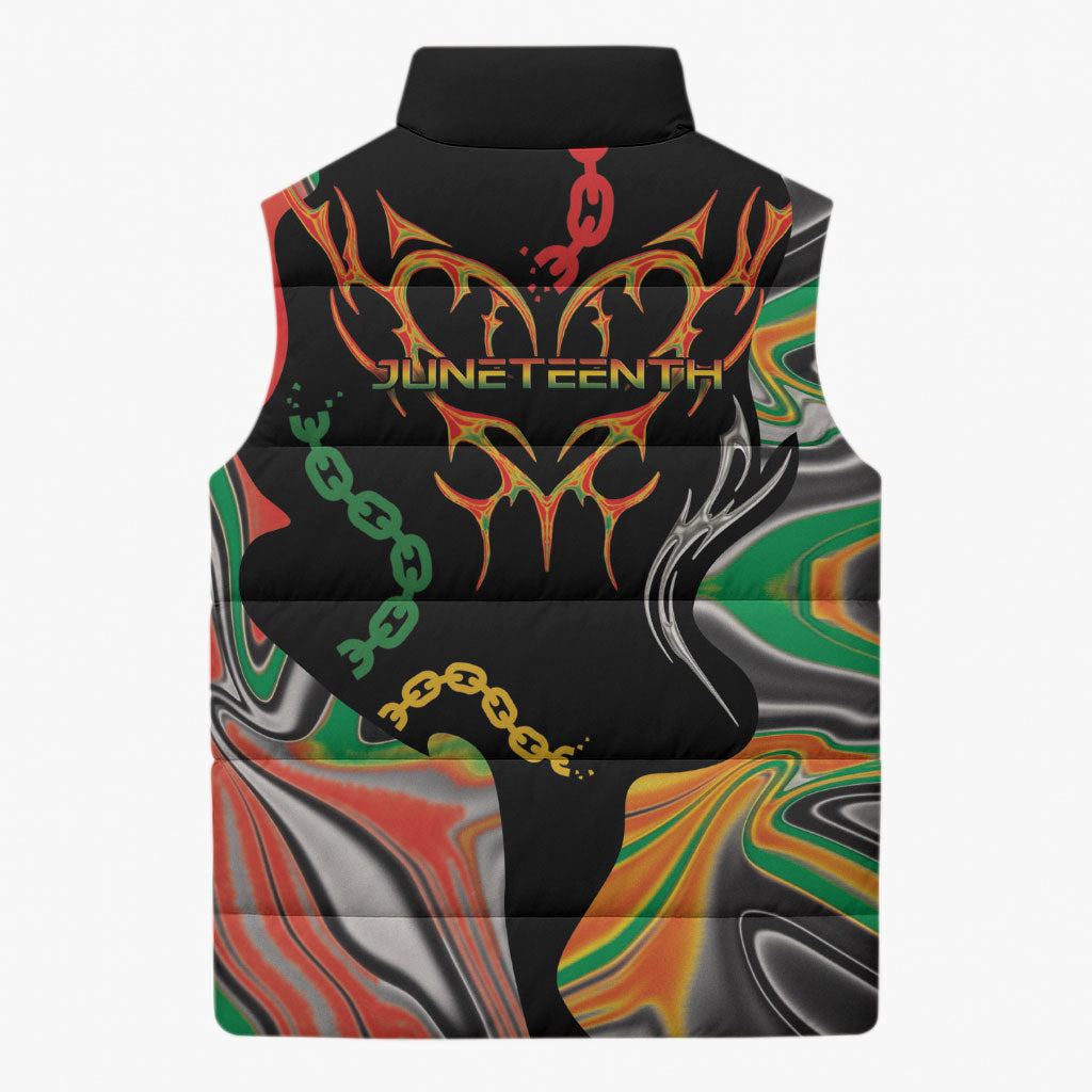 African Juneteenth Freedom Day 1865 Sleeveless Puffer Jacket Colors Liquid Marble With Broken Chains