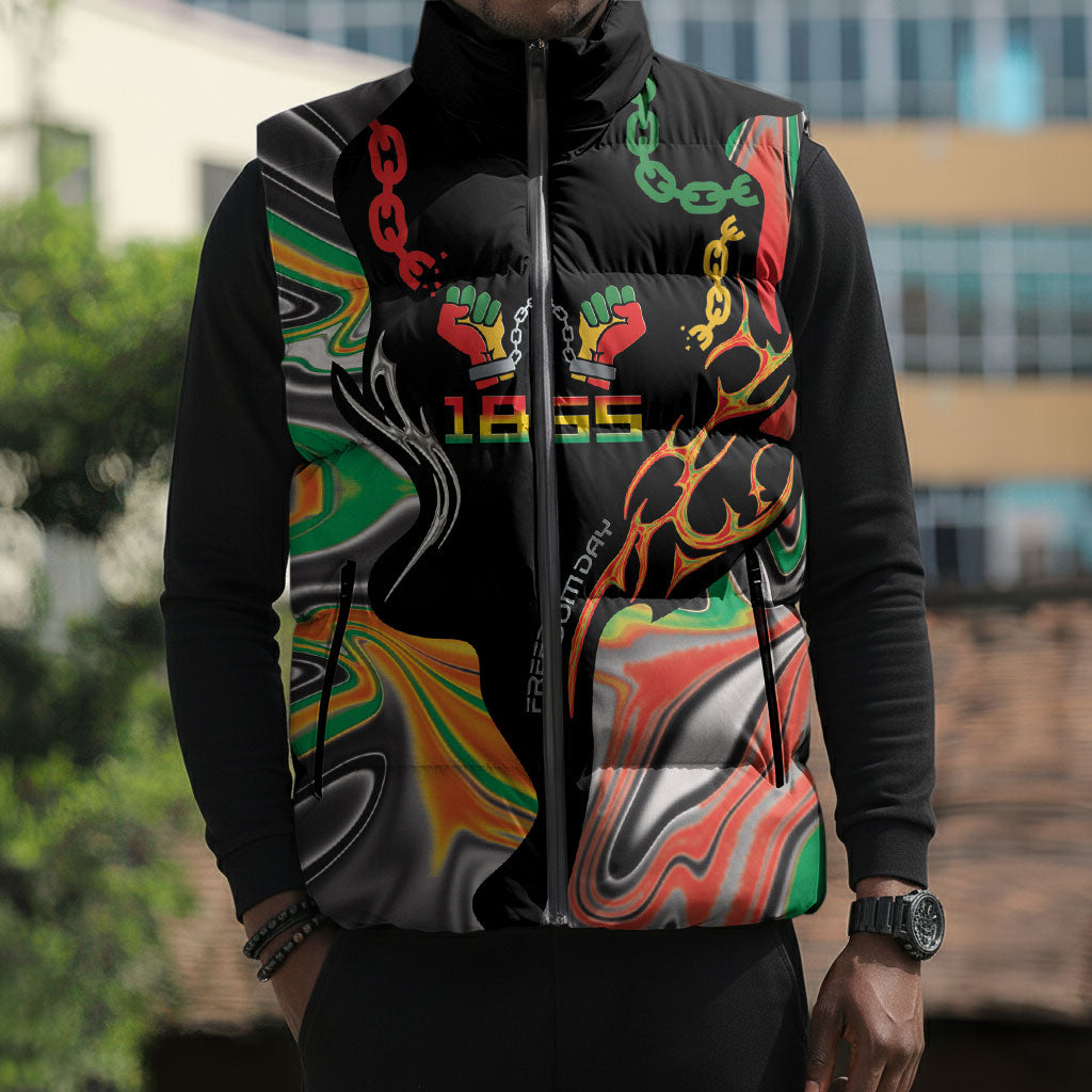 African Juneteenth Freedom Day 1865 Sleeveless Puffer Jacket Colors Liquid Marble With Broken Chains