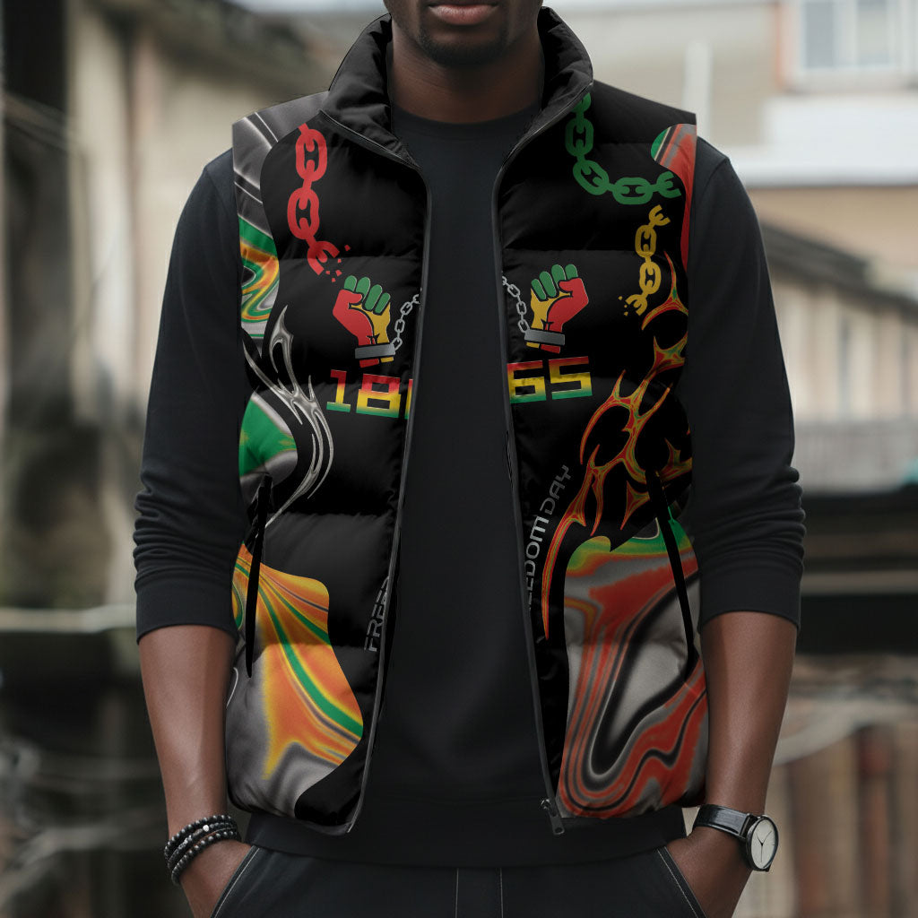 African Juneteenth Freedom Day 1865 Sleeveless Puffer Jacket Colors Liquid Marble With Broken Chains