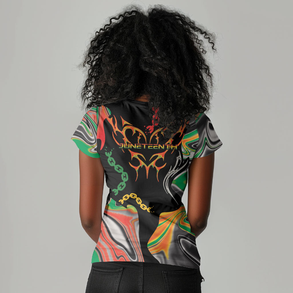 African Juneteenth Freedom Day 1865 Women V-Neck T-Shirt Colors Liquid Marble With Broken Chains
