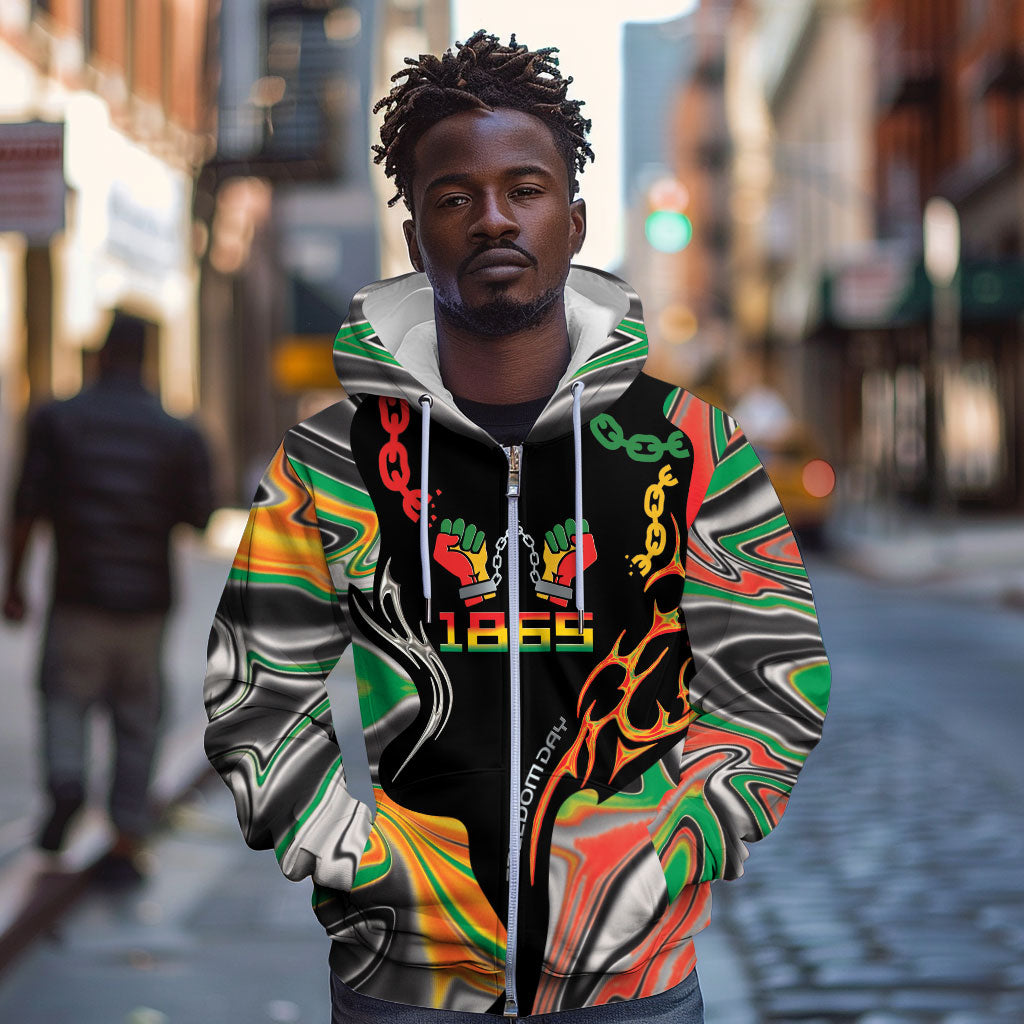 African Juneteenth Freedom Day 1865 Zip Hoodie Colors Liquid Marble With Broken Chains