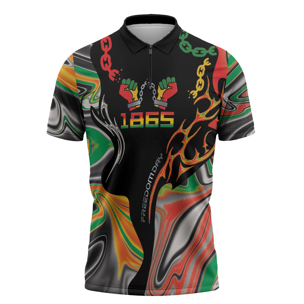 African Juneteenth Freedom Day 1865 Zipper Polo Shirt Colors Liquid Marble With Broken Chains
