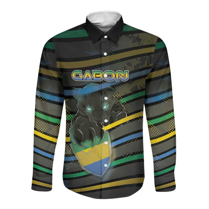 Personalized Gabon Long Sleeve Button Shirt Panther Strike Striped Style