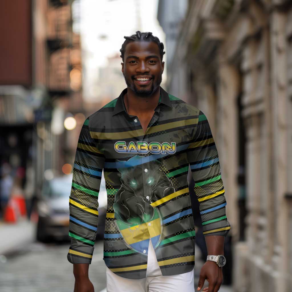 Personalized Gabon Long Sleeve Button Shirt Panther Strike Striped Style