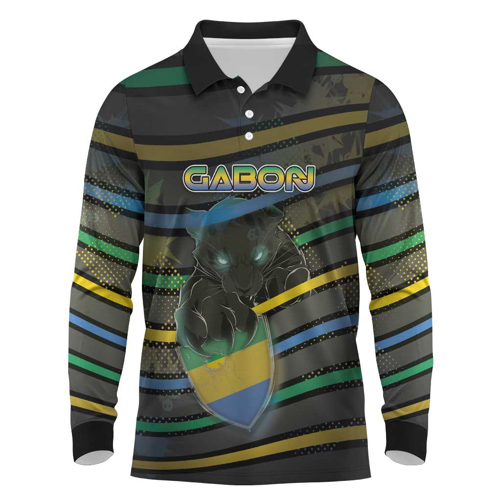 Personalized Gabon Long Sleeve Polo Shirt Panther Strike Striped Style