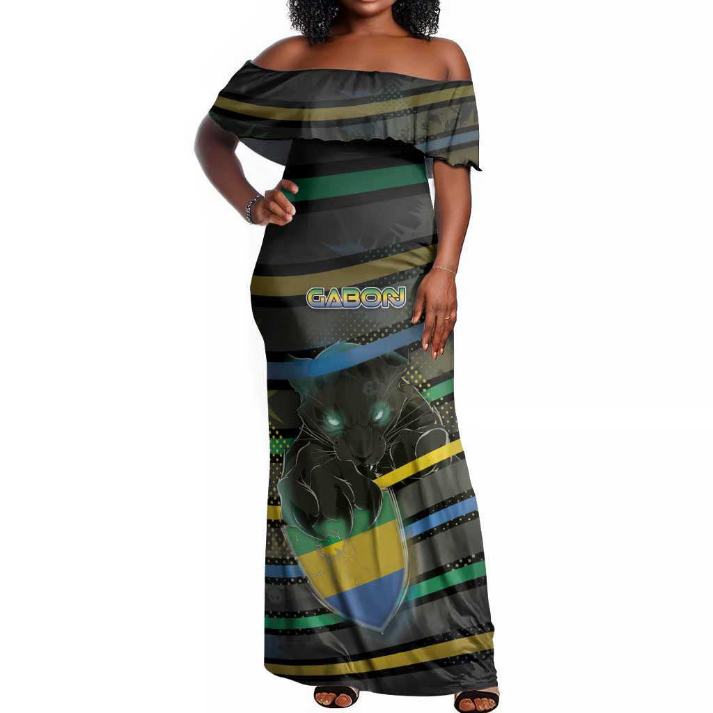 Personalized Gabon Off Shoulder Maxi Dress Panther Strike Striped Style