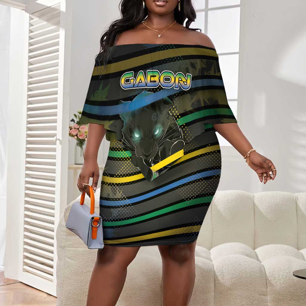 Personalized Gabon Off Shoulder Short Dress Panther Strike Striped Style