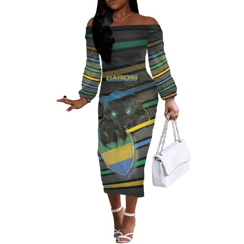 Personalized Gabon Off The Shoulder Long Sleeve Dress Panther Strike Striped Style
