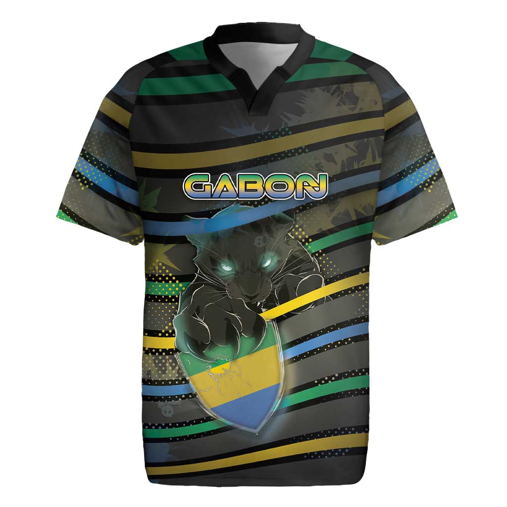 Personalized Gabon Rugby Jersey Panther Strike Striped Style
