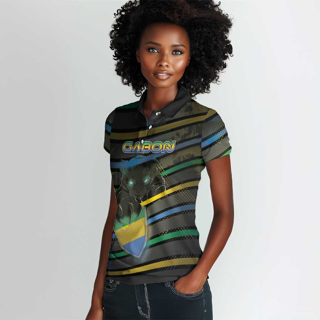 Personalized Gabon Women Polo Shirt Panther Strike Striped Style