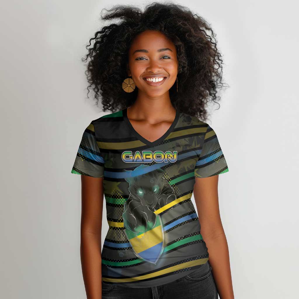 Personalized Gabon Women V-Neck T-Shirt Panther Strike Striped Style