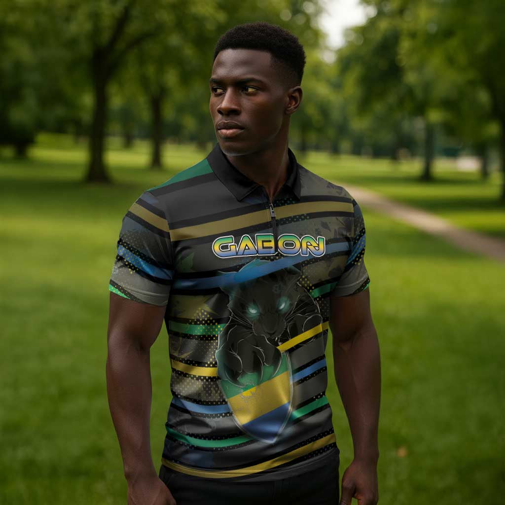 Personalized Gabon Zipper Polo Shirt Panther Strike Striped Style