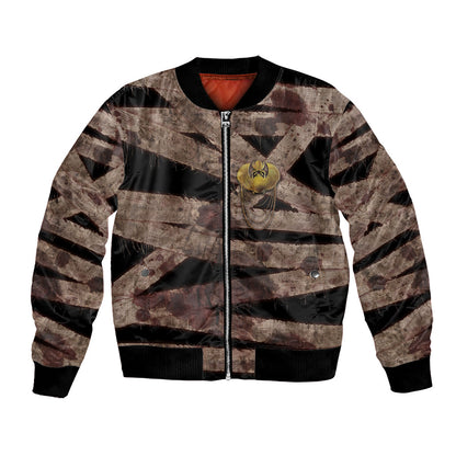 African Halloween Egypt Mummy Wrap Bomber Jacket Golden Winged Scarab Badge