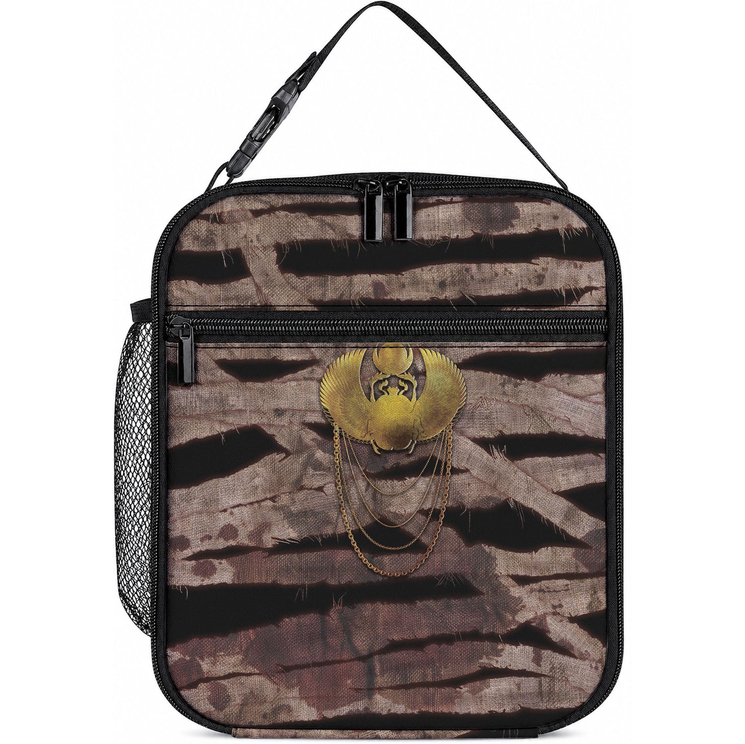 African Halloween Egypt Mummy Wrap Lunch Bag Golden Winged Scarab Badge