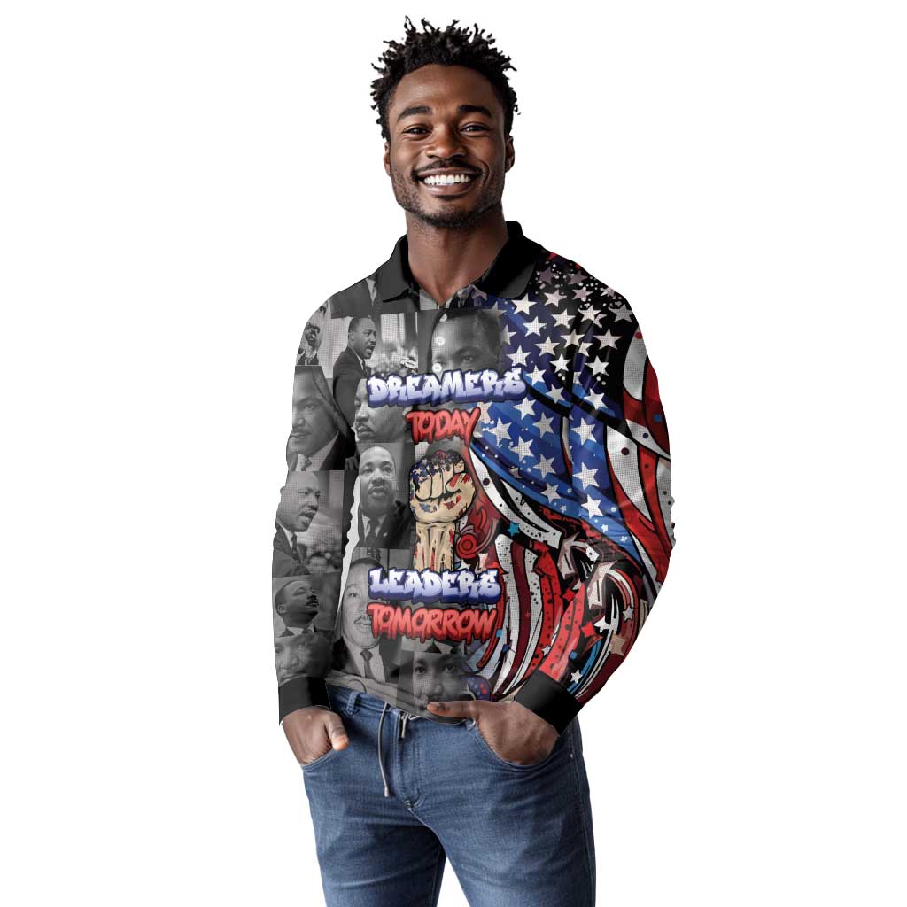 Martin Luther King Jr Day Long Sleeve Polo Shirt Dreamers Today Leaders Tomorrow - African Pride
