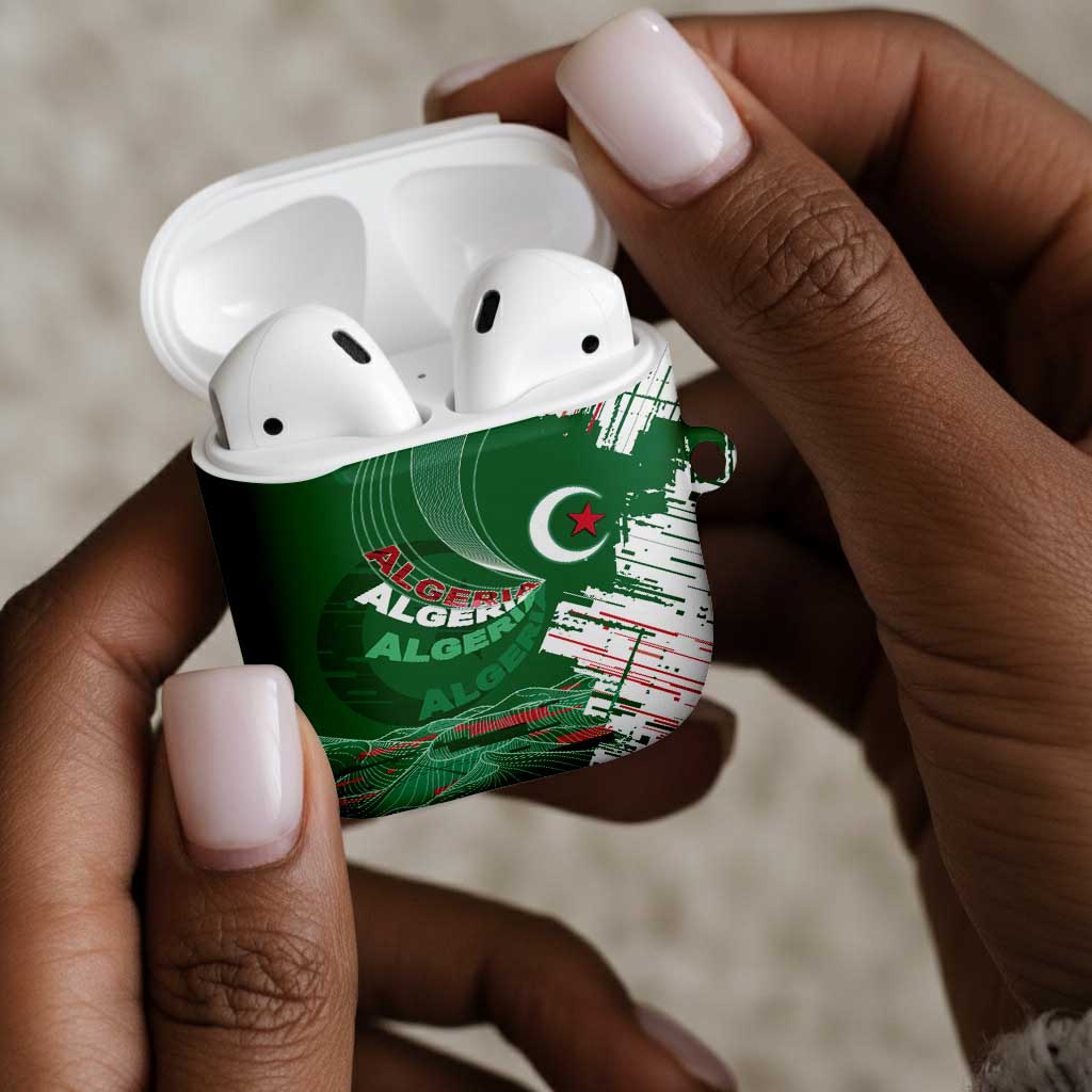 Algeria Football AirPods Case Glitch Effect Desert Lines And Star Crescent