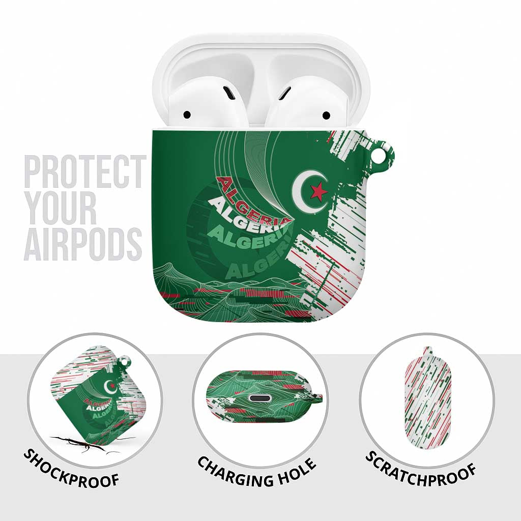 Algeria Football AirPods Case Glitch Effect Desert Lines And Star Crescent