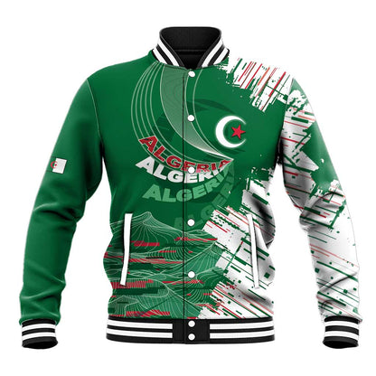 Custom Algeria Football Baseball Jacket Glitch Effect Desert Lines And Star Crescent