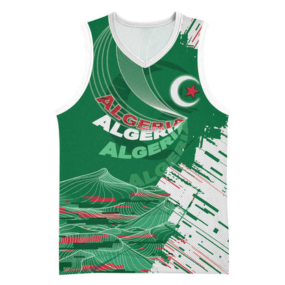 Custom Algeria Football Basketball Jersey Glitch Effect Desert Lines And Star Crescent