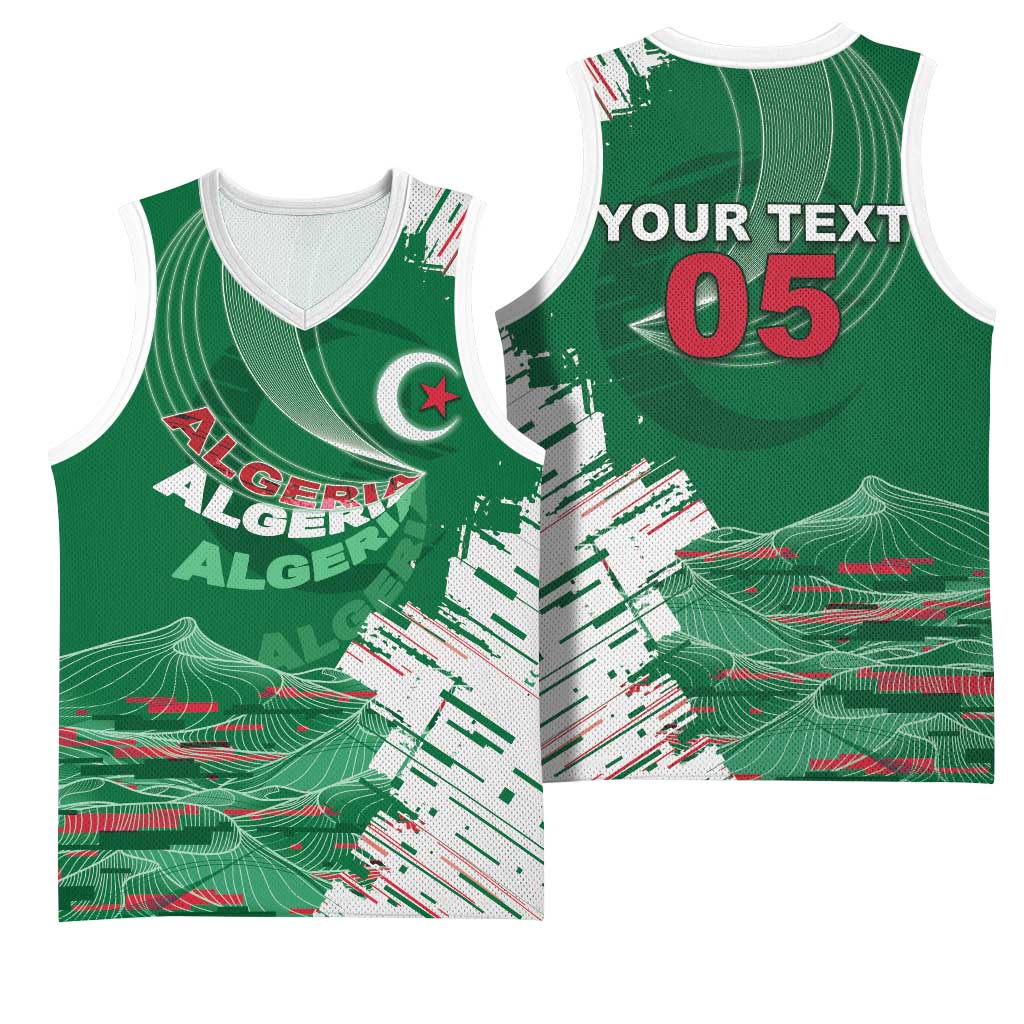Custom Algeria Football Basketball Jersey Glitch Effect Desert Lines And Star Crescent