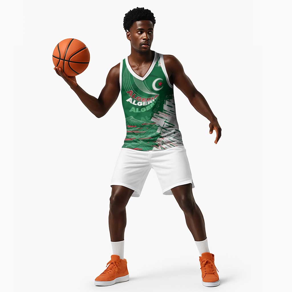 Custom Algeria Football Basketball Jersey Glitch Effect Desert Lines And Star Crescent