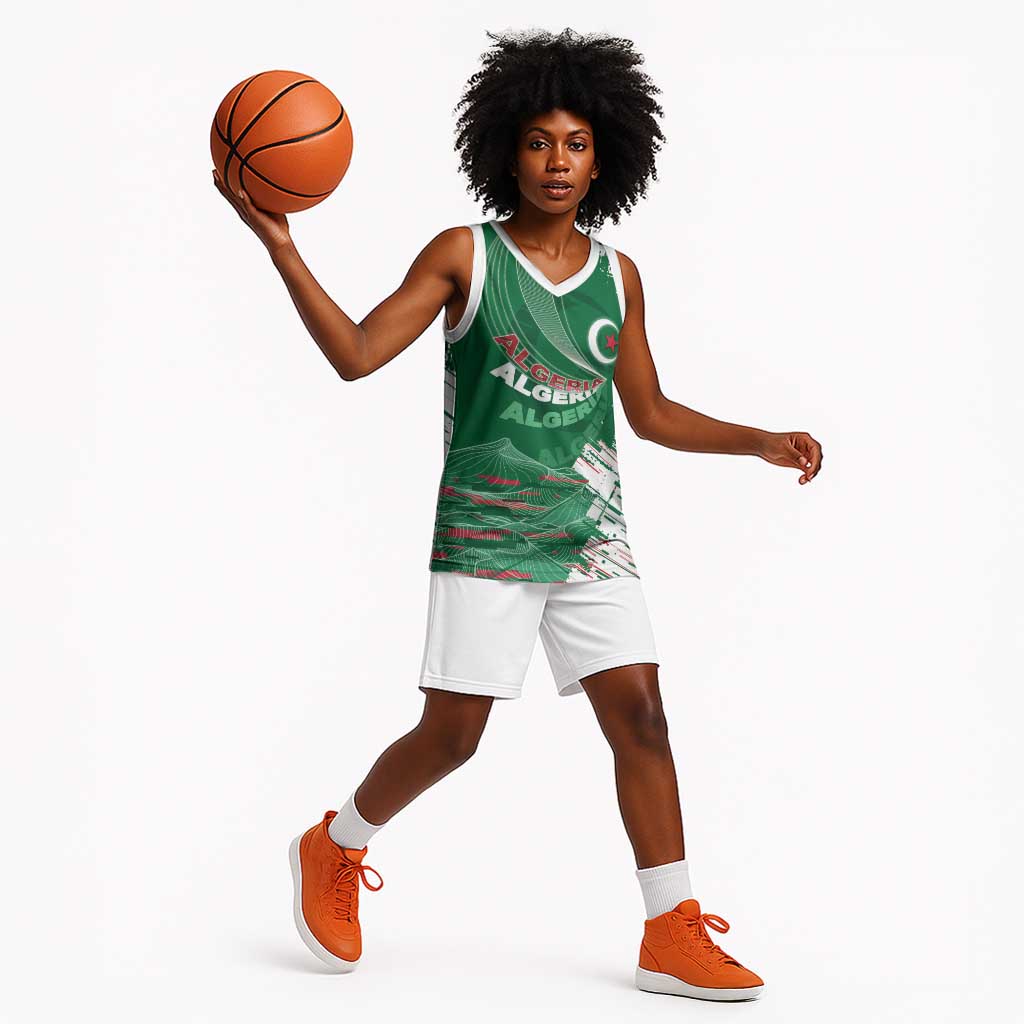 Custom Algeria Football Basketball Jersey Glitch Effect Desert Lines And Star Crescent