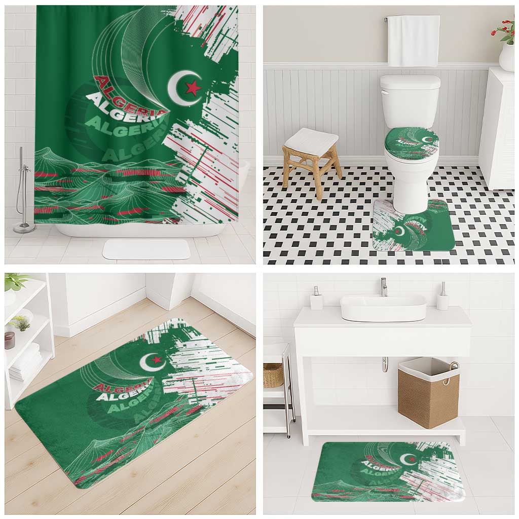Algeria Football Bathroom Set Glitch Effect Desert Lines And Star Crescent