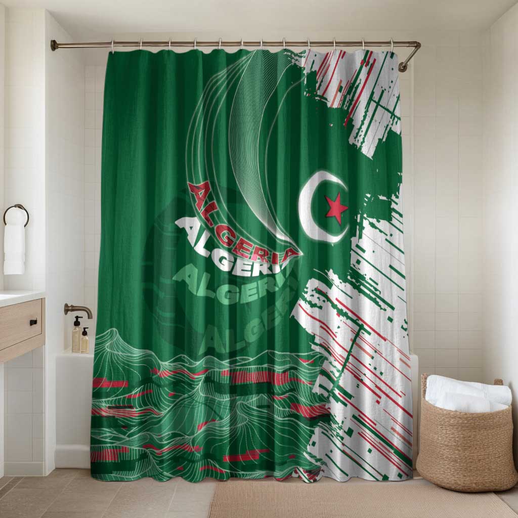 Algeria Football Bathroom Set Glitch Effect Desert Lines And Star Crescent