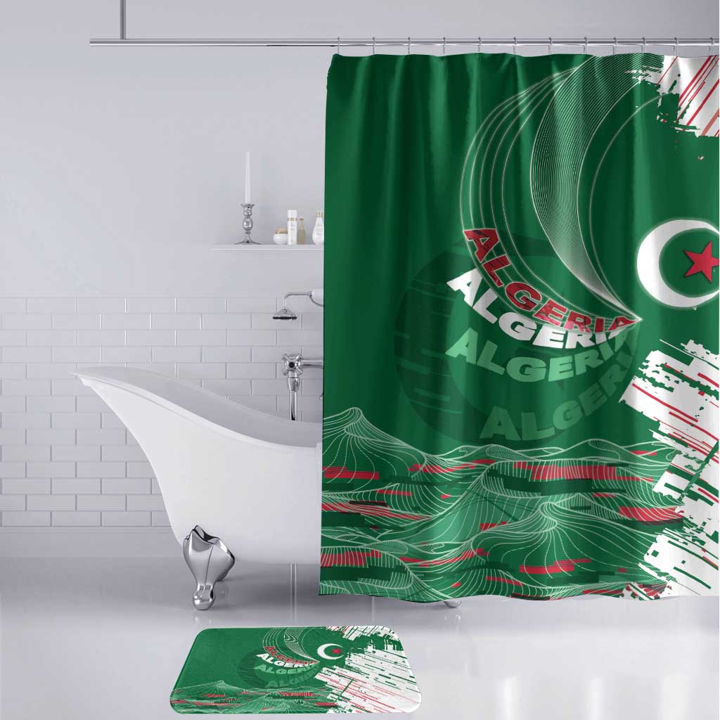 Algeria Football Bathroom Set Glitch Effect Desert Lines And Star Crescent