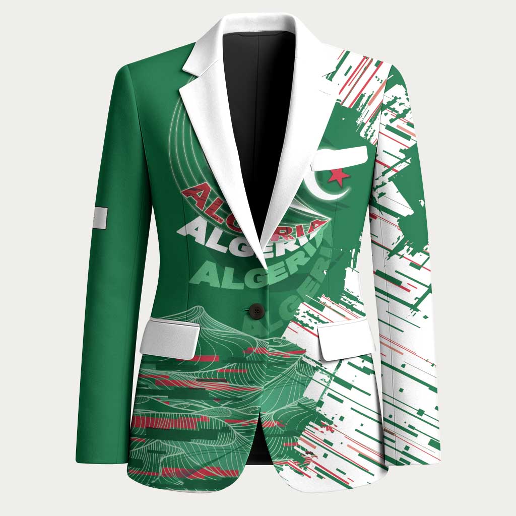 Custom Algeria Football Blazer Glitch Effect Desert Lines And Star Crescent