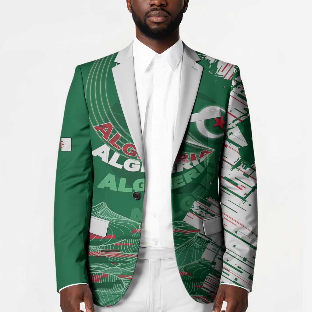 Custom Algeria Football Blazer Glitch Effect Desert Lines And Star Crescent