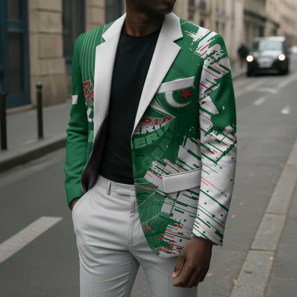 Custom Algeria Football Blazer Glitch Effect Desert Lines And Star Crescent