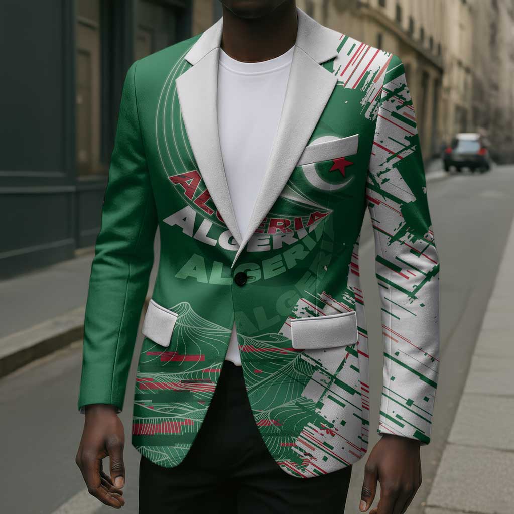 Custom Algeria Football Blazer Glitch Effect Desert Lines And Star Crescent