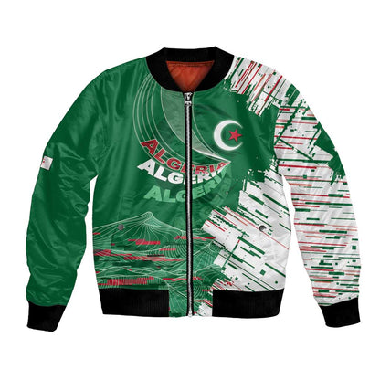 Custom Algeria Football Bomber Jacket Glitch Effect Desert Lines And Star Crescent
