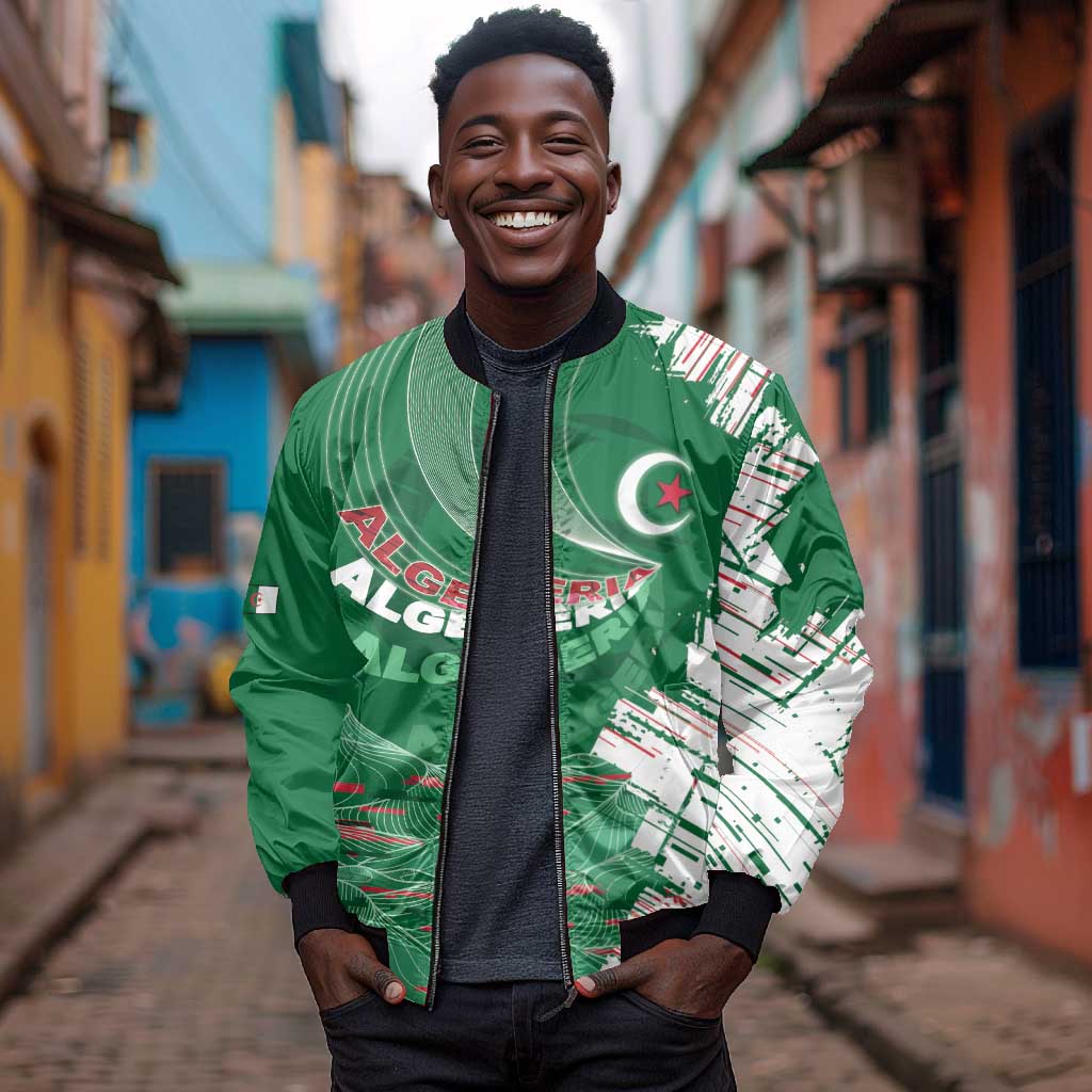 Custom Algeria Football Bomber Jacket Glitch Effect Desert Lines And Star Crescent