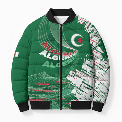 Custom Algeria Football Bomber Puffer Jacket Glitch Effect Desert Lines And Star Crescent