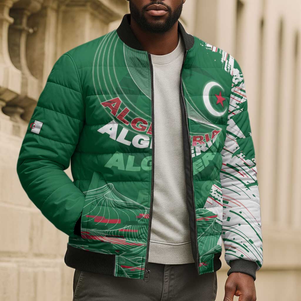 Custom Algeria Football Bomber Puffer Jacket Glitch Effect Desert Lines And Star Crescent