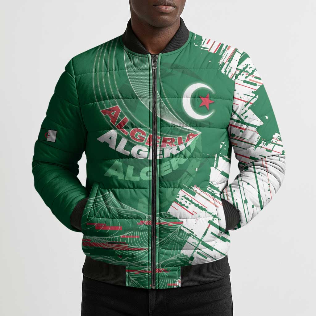 Custom Algeria Football Bomber Puffer Jacket Glitch Effect Desert Lines And Star Crescent